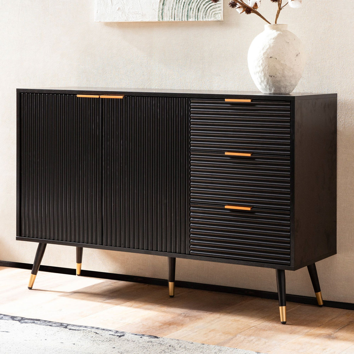 Sideboard 120x80x40 cm Anrichte Schwarz mit Eiche-Dekor, Kommode mit Türen und