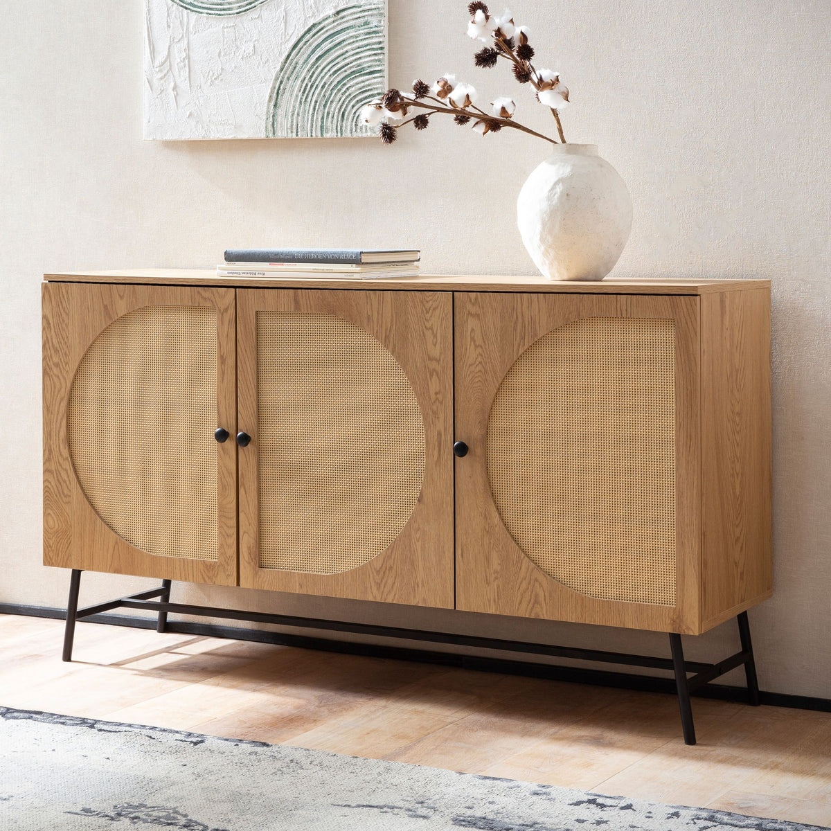 Sideboard 140x80x39 cm Kommode Eiche-Dekor mit Rattan Geflecht Modern, Hoher