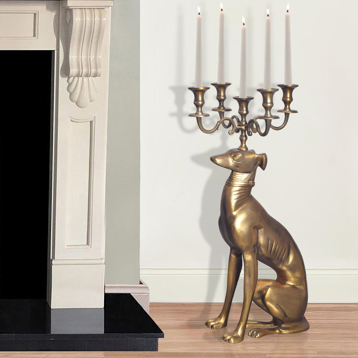 Kerzenhalter Windhund Aluminium Gold 69 cm 5-armiger Kerzenleuchter, Kerzenständer Metall