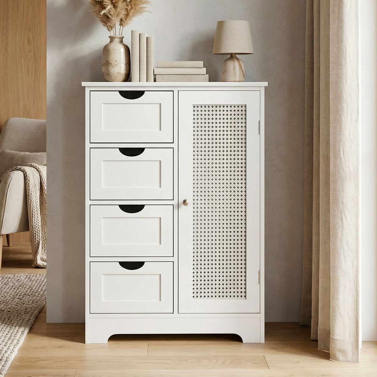 schmaler Standschrank mit Schubladen und Tür 55x80 cm – Aufbewahrungsschrank aus MDF Weiß