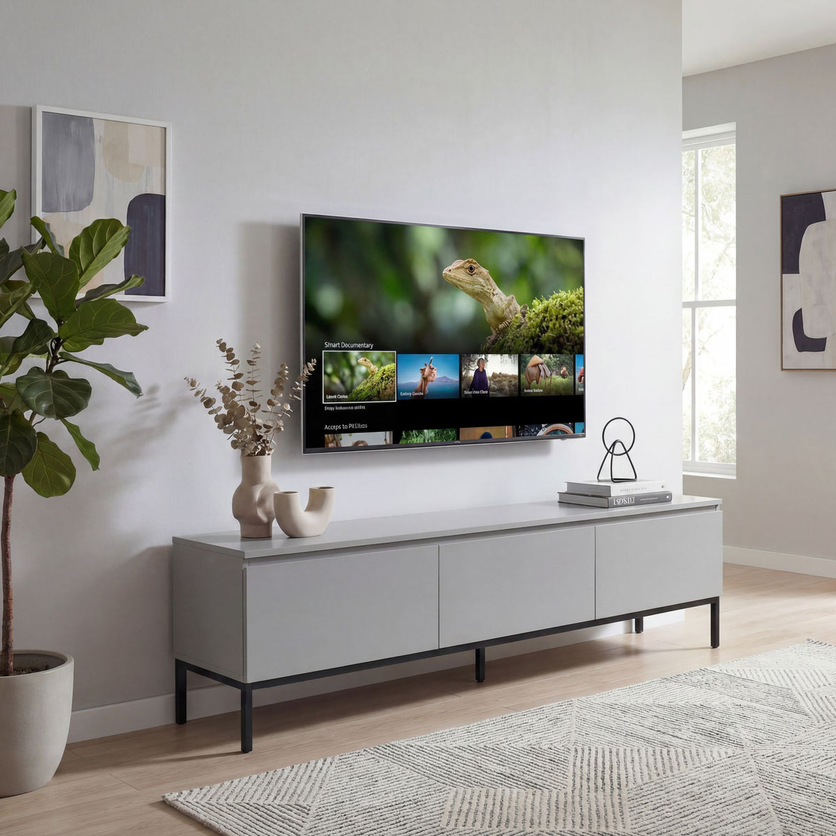 Lowboard 150cm TV Kommode Grau Rechteckig mit 3 Schubladen - Design TV Schrank