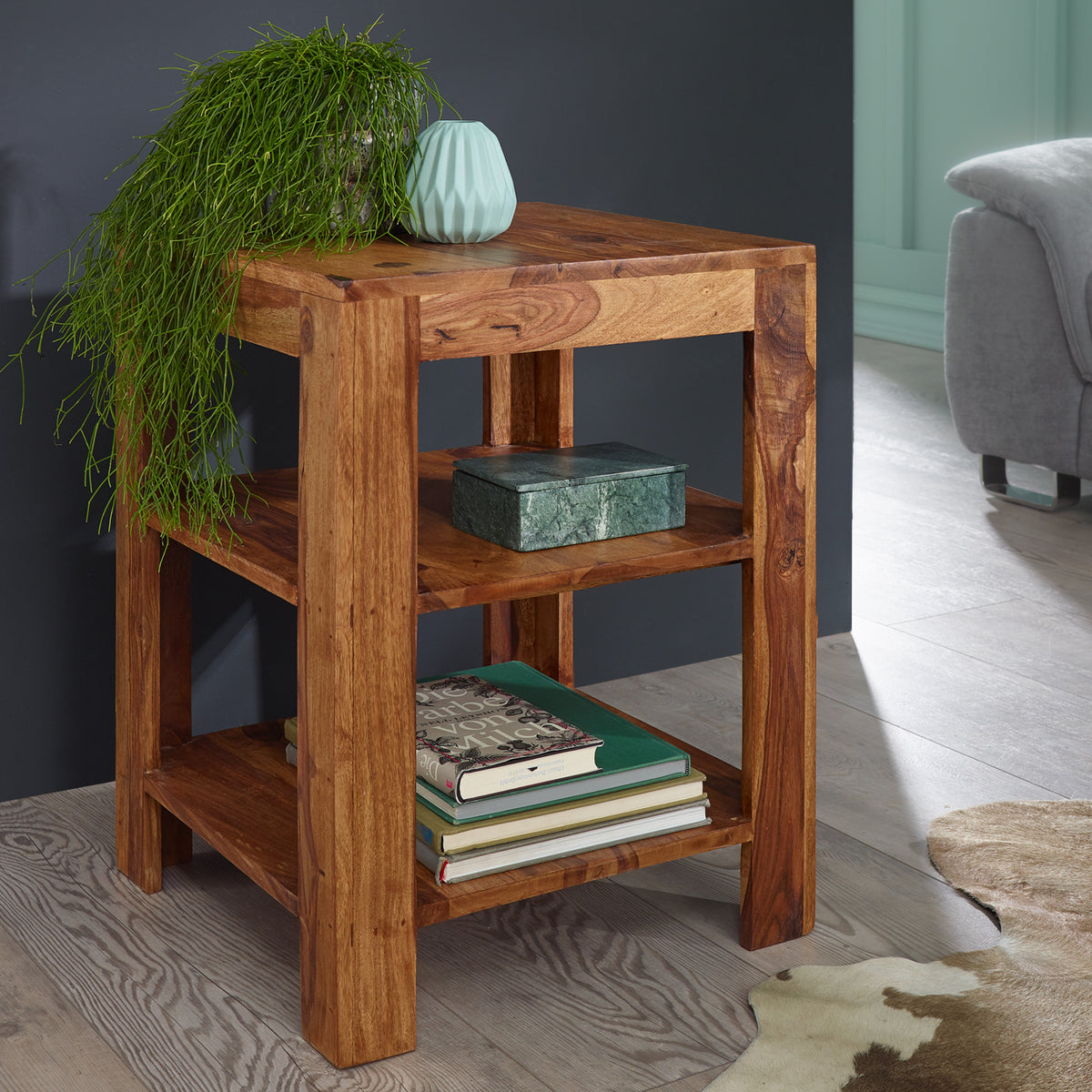 Standregal 44 x 60 x 44 cm Sheesham Massiv-Holz Stehregal 3 Ablagen, Abstelltisch