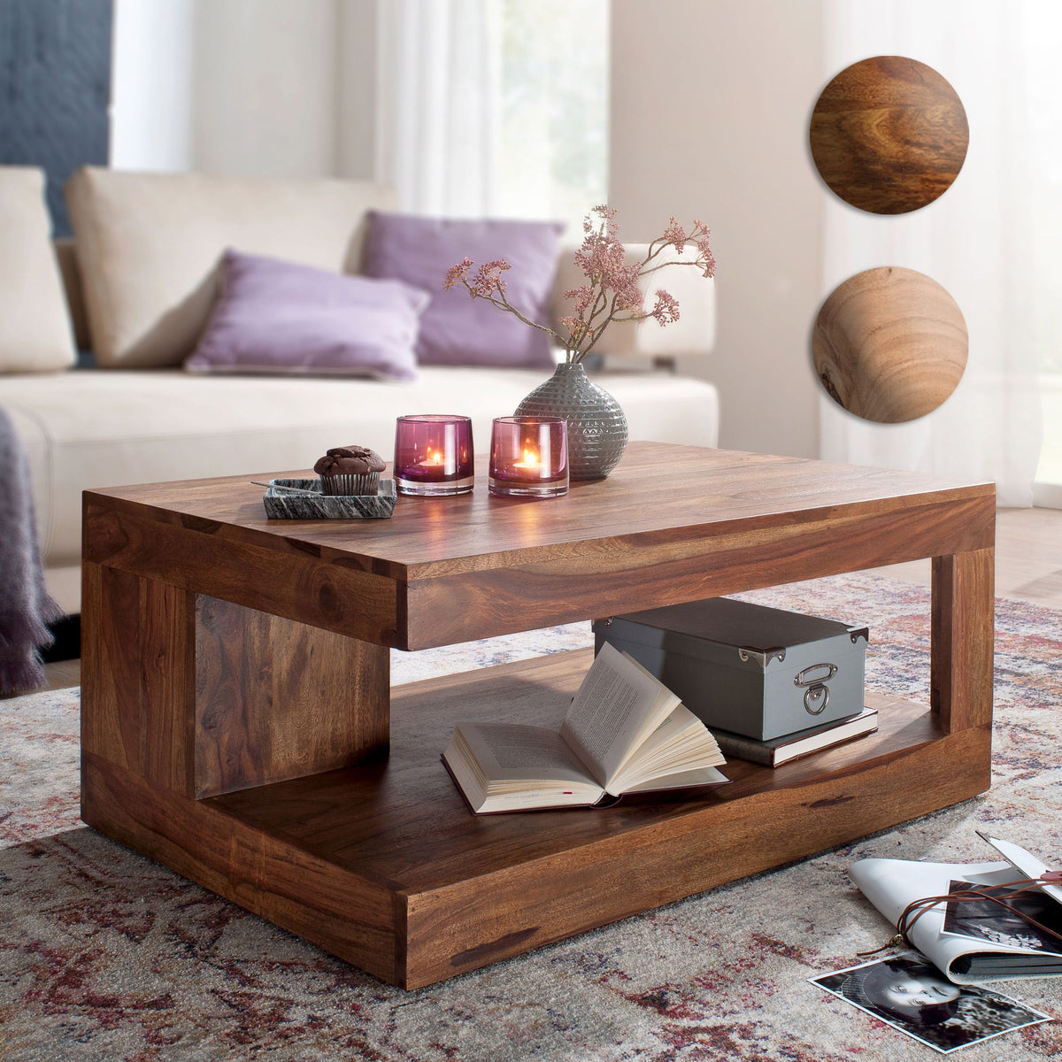 FineBuy Couchtisch Massiv-Holz 90 cm Design Wohnzimmer-Tisch dunkel-braun Landhaus-Stil Beistelltisch Farbe wählbar