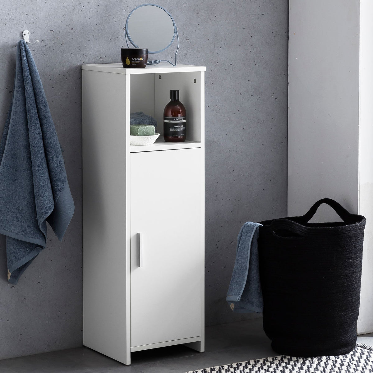 Badschrank 30 x 95,5 x 30 cm Weiß Holz mit Tür und Ablagefach, Kleiner Bad-Schrank