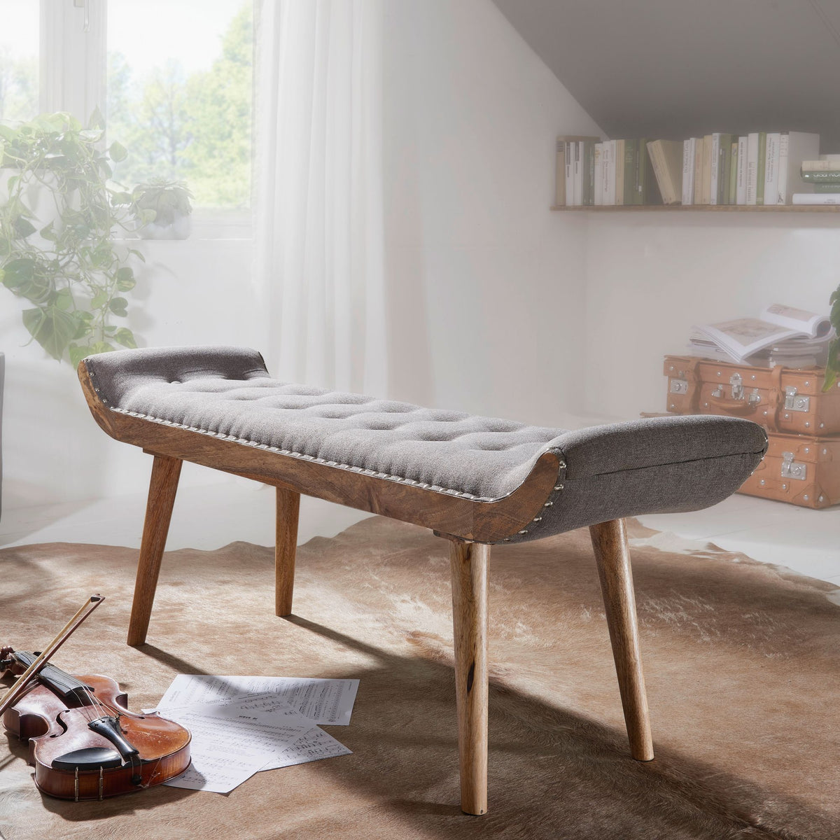 gepolsterte Sitzbank 120 cm Massivholz Stoff grau - Retro Chesterfield Polsterbank für