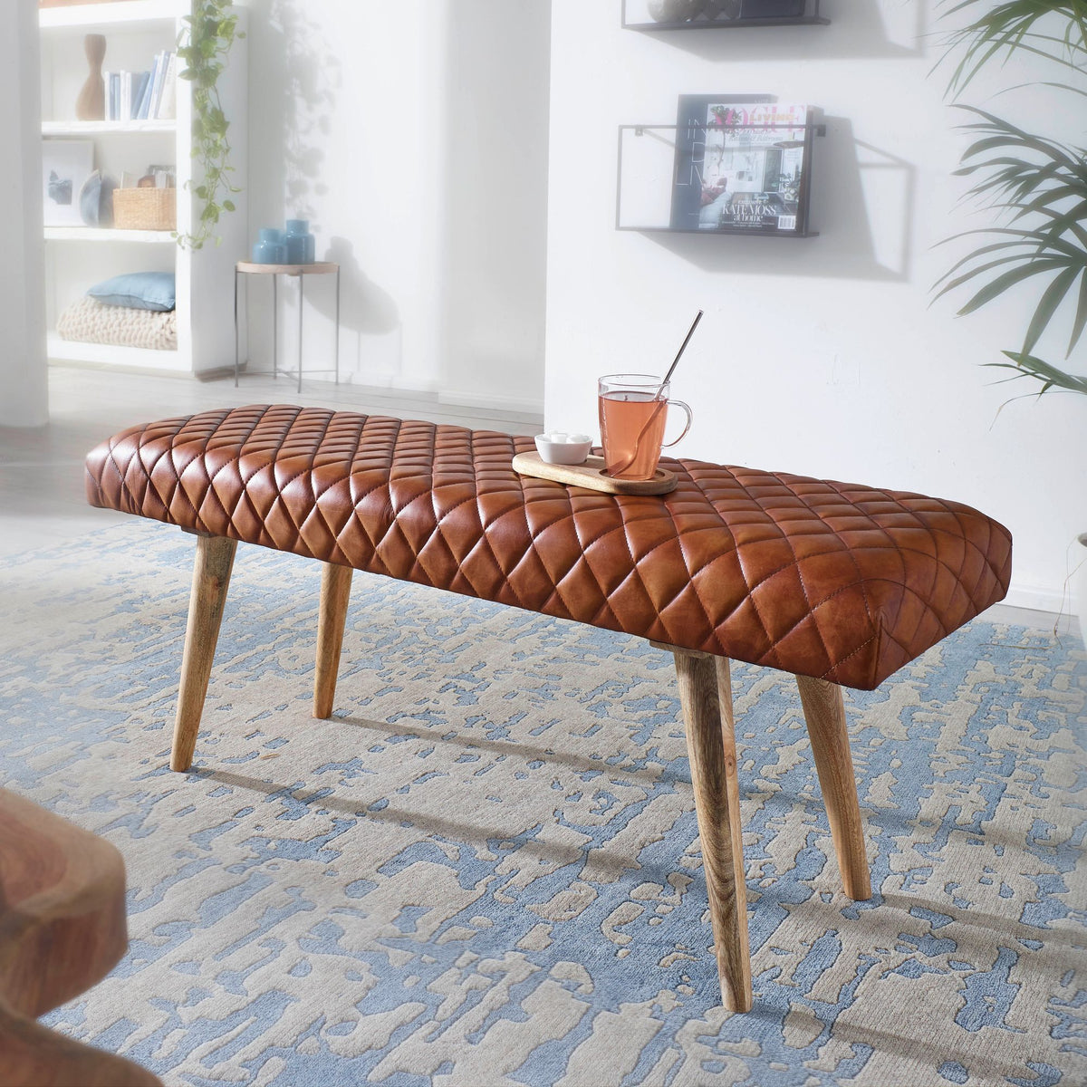 gepolsterte Sitzbank 115 cm Massivholz Echtleder Braun - Retro Polsterbank für Garderobe