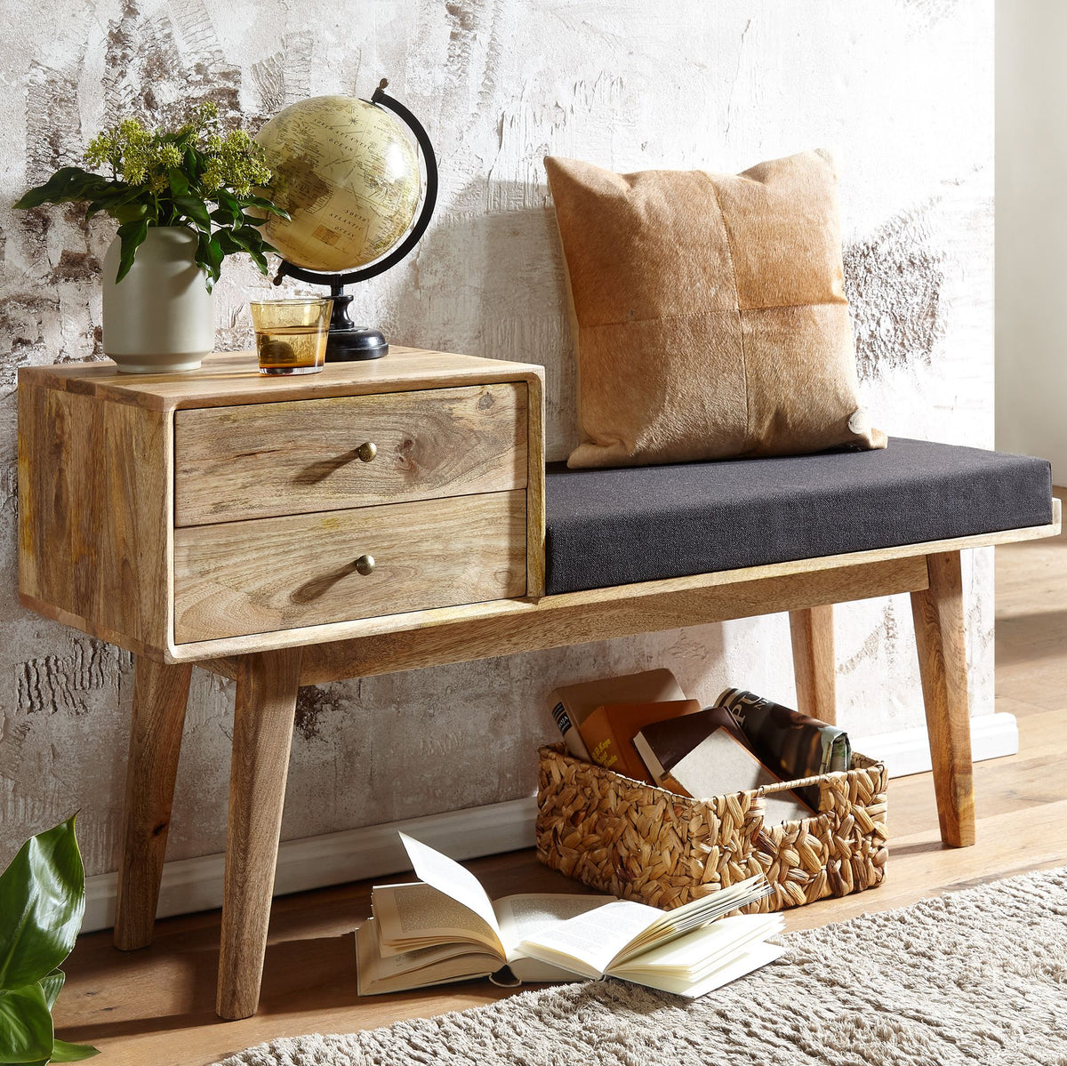 gepolsterte Sitzbank 120 cm Massivholz Stoff mit Schublade - Retro Polsterbank für