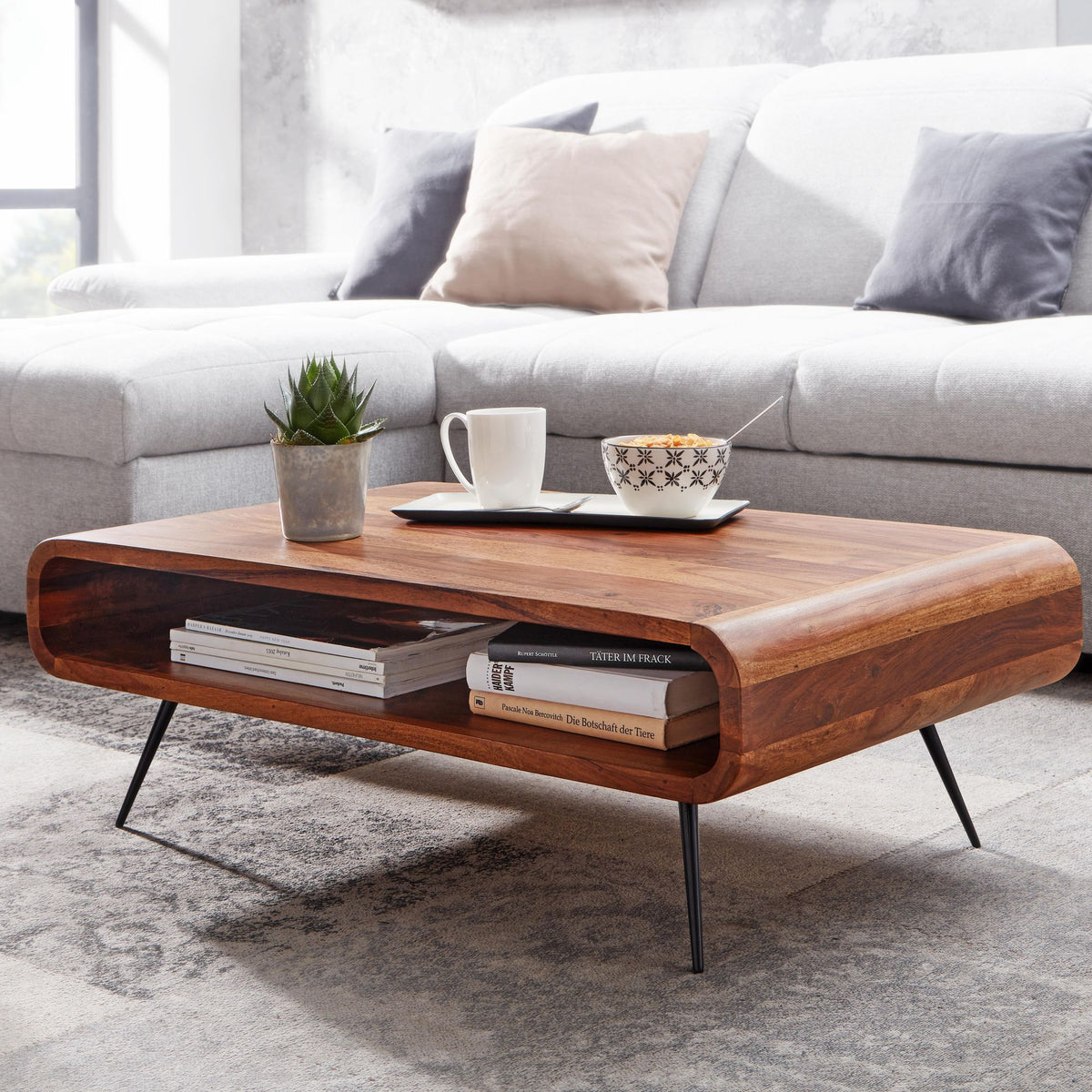 Couchtisch Sheesham Massivholz 90 cm – Wohnzimmertisch mit Ablage im Retro Design |