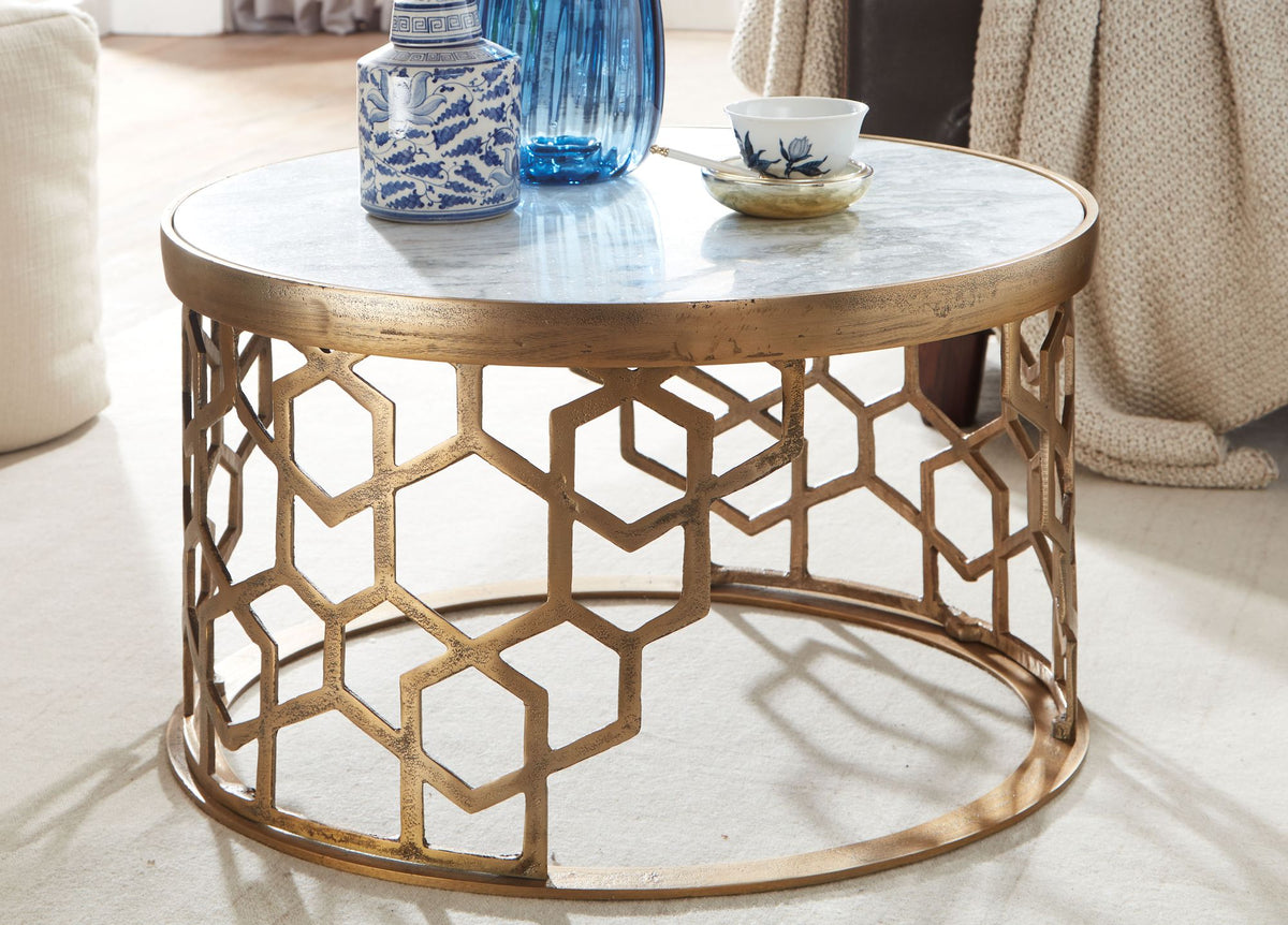 Couchtisch Echter Marmor Weiß 60x60x36 cm Sofatisch Metall Gold, Design Wohnzimmertisch