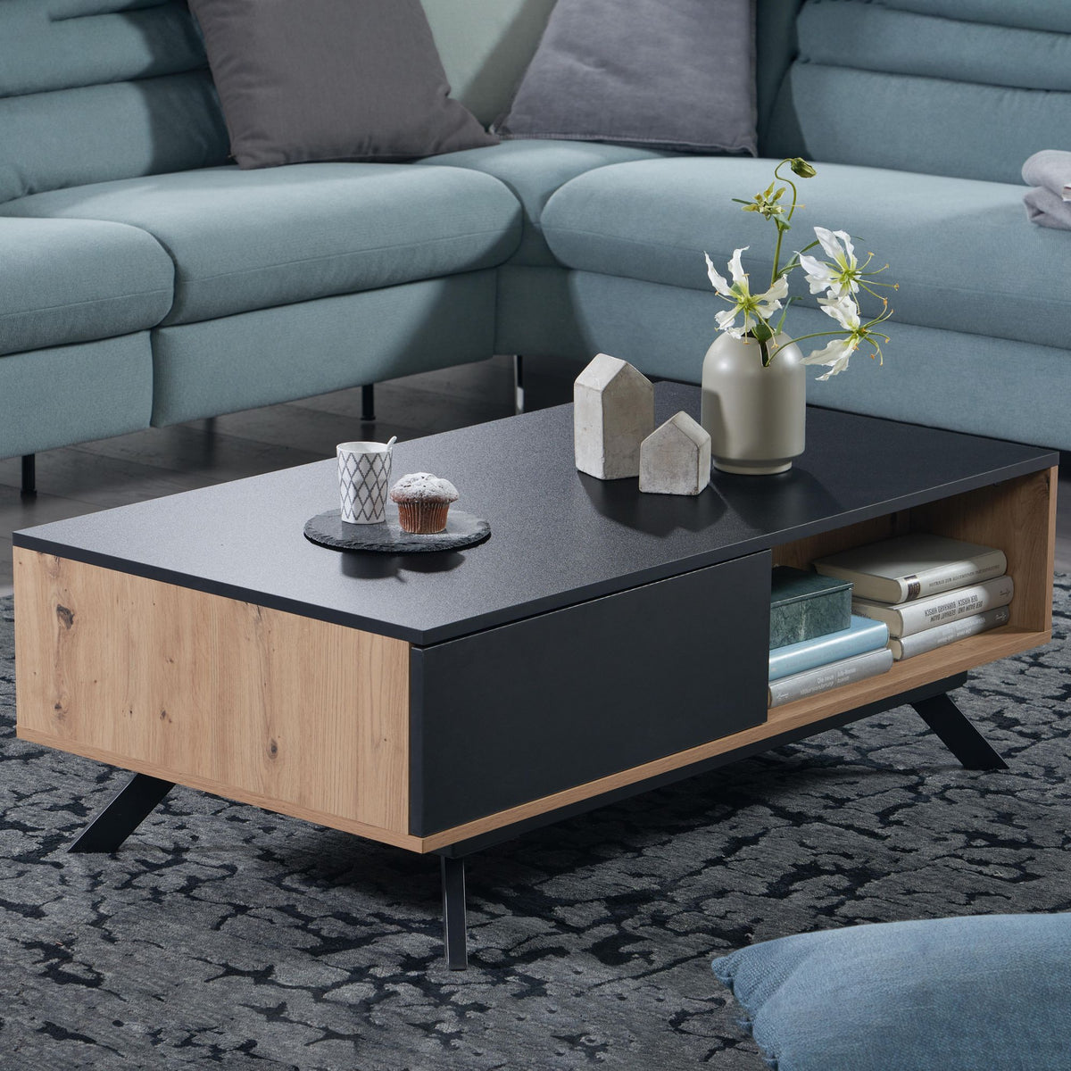 Couchtisch 110x60x38 cm MDF Eiche-Dekor / Schwarz Wohnzimmertisch, Sofatisch Rechteckig